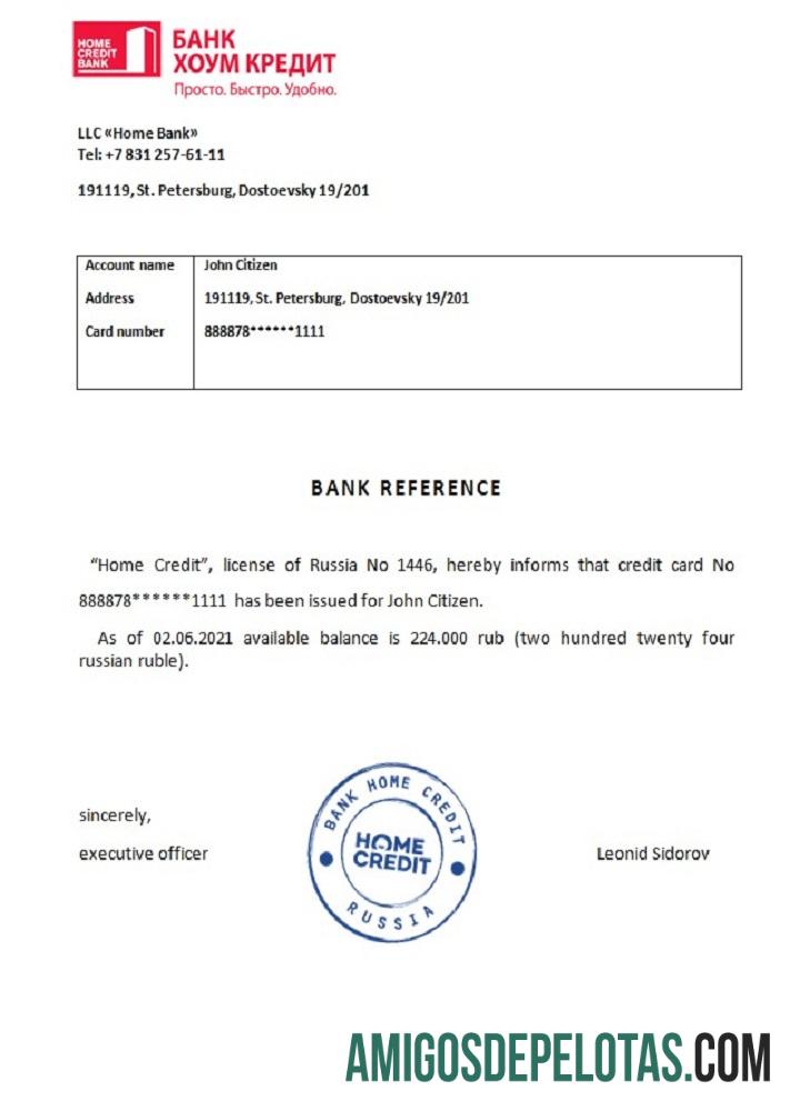 Referência de crédito residencial do Banco da Rússia exemplo real